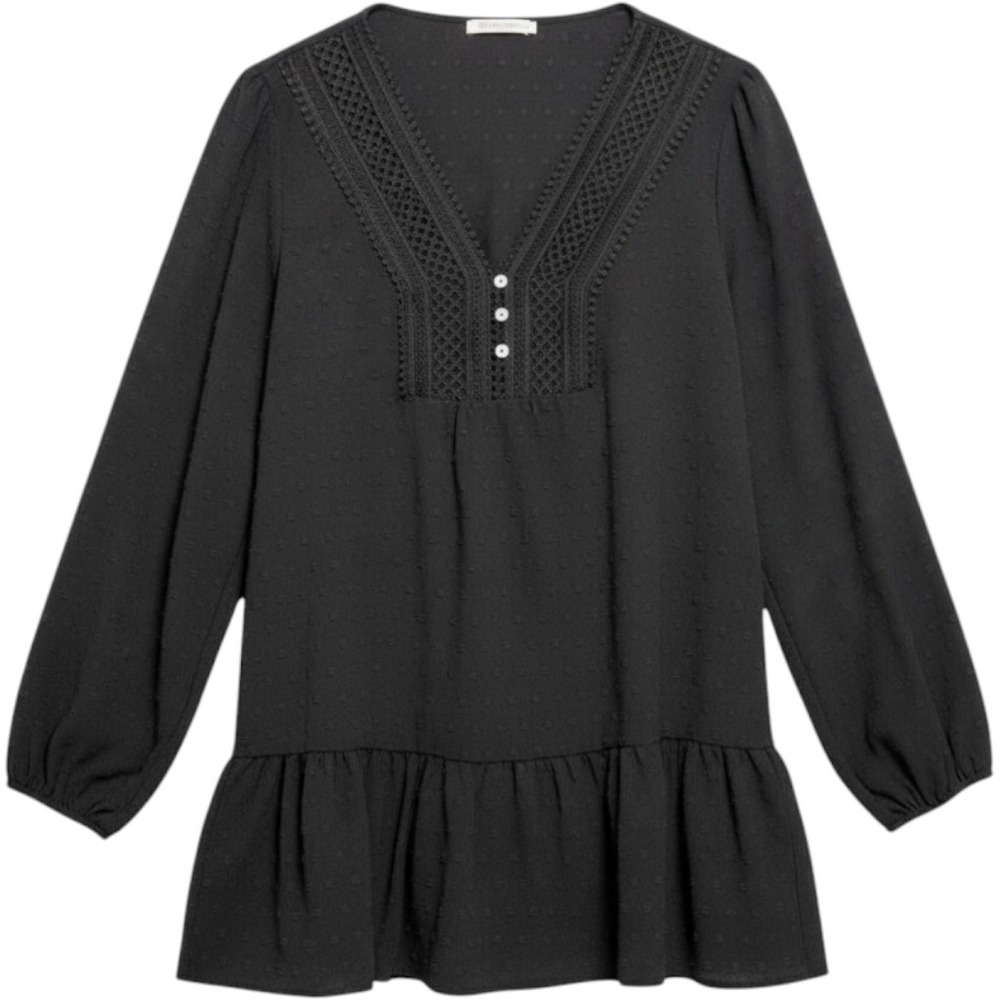 Black Swiss Dot Women Tunic Peplum Blouse 3X Crochet Boho Whimsey Goth Romantic